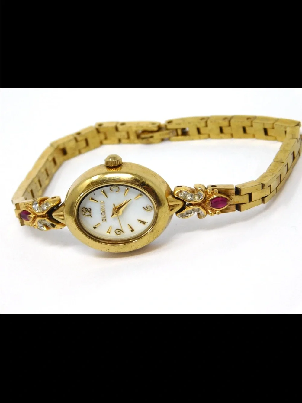Elgin Women's Watch Ell02 White Dial Gold Ruby Red Accent Ladies Fancy Formal 6